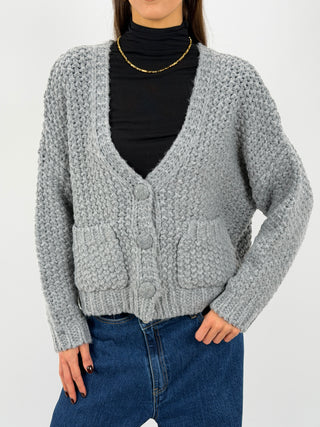 Cardigan Lavorato con Tasche Grigio