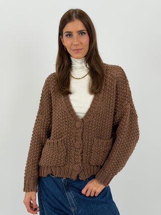 Cardigan Lavorato con Tasche Marrone