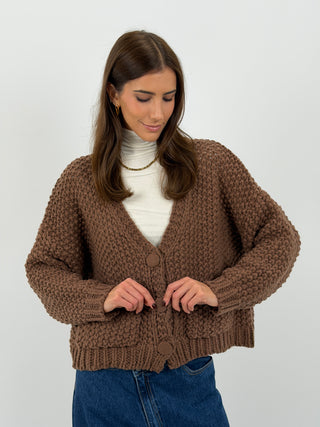 Cardigan Lavorato con Tasche Marrone