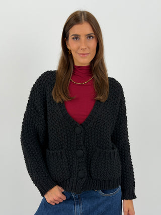 Cardigan Lavorato con Tasche Nero