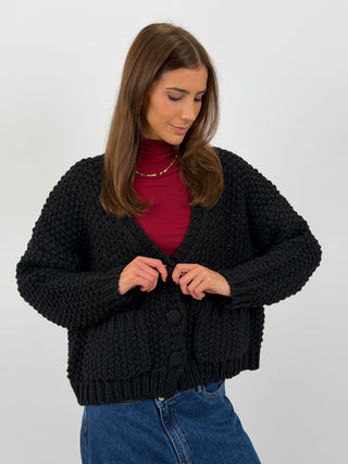 Cardigan Lavorato con Tasche Nero