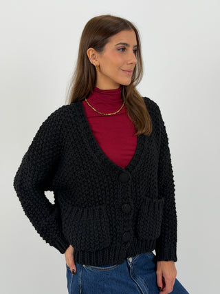 Cardigan Lavorato con Tasche Nero