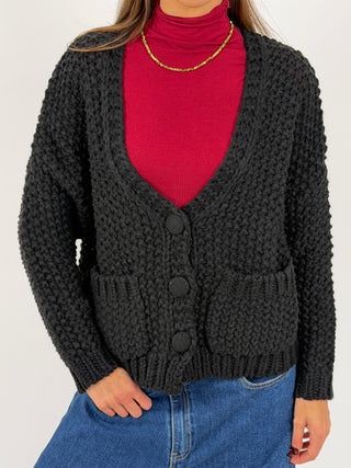 Cardigan Lavorato con Tasche Nero