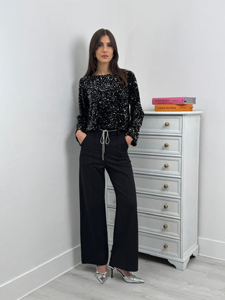 Pantalon Palazzo noir avec ceinture en strass