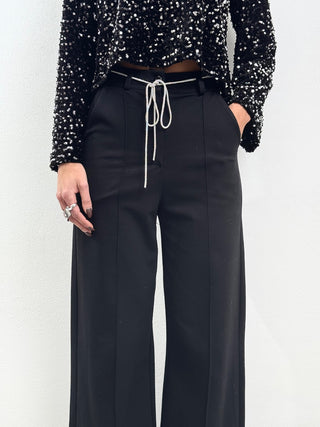 Pantalon Palazzo noir avec ceinture en strass
