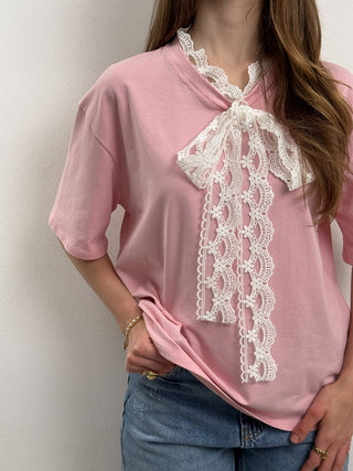 T-shirt con Fiocco di Pizzo Lucy Rosa