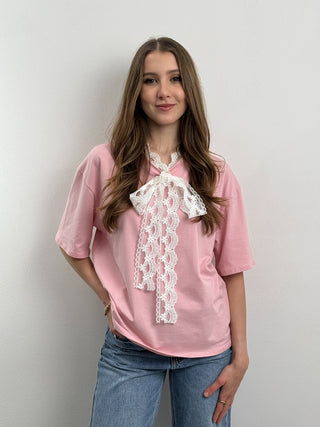T-shirt con Fiocco di Pizzo Lucy Rosa