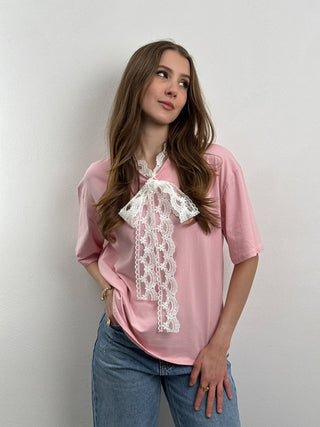 T-shirt con Fiocco di Pizzo Lucy Rosa
