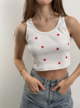 Top Crop Cuoricini Bianco
