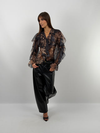 Black Faux Leather Barrel Trousers