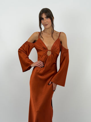 Abito Satin con Maniche Lunghe Ruggine