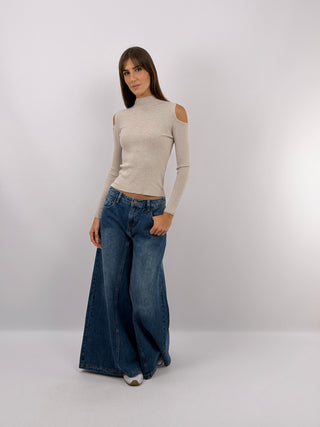 Beige Cut Out Knit Top