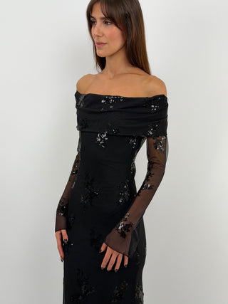 Robe à Épaules Dénudées et Paillettes Noire