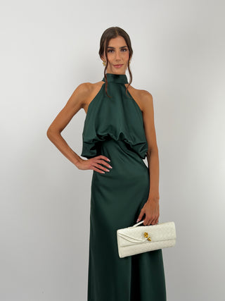 Abito Satin con Top a Balza Verde Smeraldo