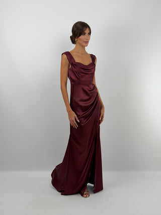 Abito Lungo con Spacco Burgundy