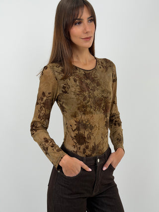Mocha Mousse Velvet Patterned Bodysuit