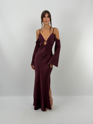 Abito Satin con Maniche Lunghe Burgundy