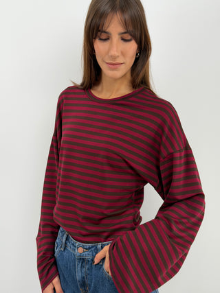 Burgundy Striped Top with Ruching