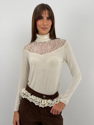 Cream Ultralight Cashmere Sweater with Lace