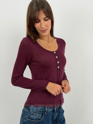 Pull Ultra-Léger avec Cachemire, Boutons et Dentelle Bordeaux