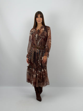 Brown Patterned Long Dress with Flounce