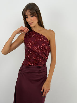 Abito Monospalla con Paillettes Bordeaux
