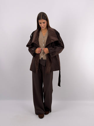 Trench con Inserti in Velluto Marrone