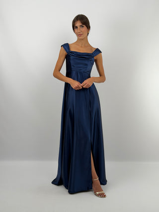 Abito Lungo con Spacco e Spalline Blu
