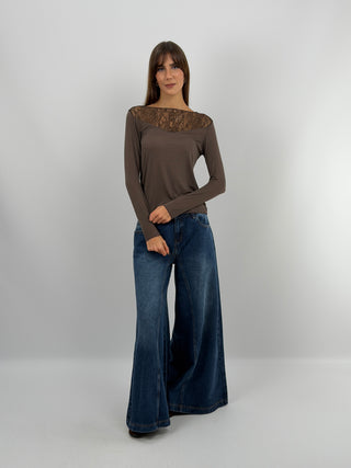 Pull Ultra-Léger avec Cachemire et Dentelle Marron