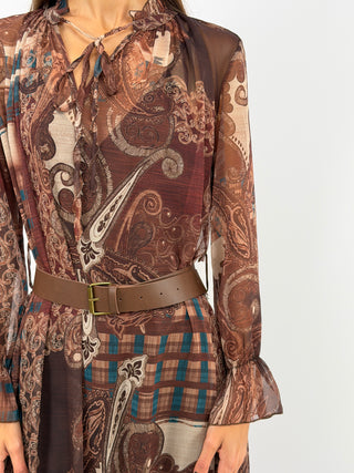 Brown Patterned Long Dress with Flounce
