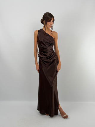 Abito Satin Monospalla Marrone