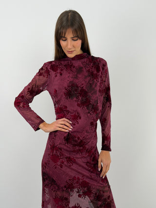 Robe Bordeaux en Velours à Motifs