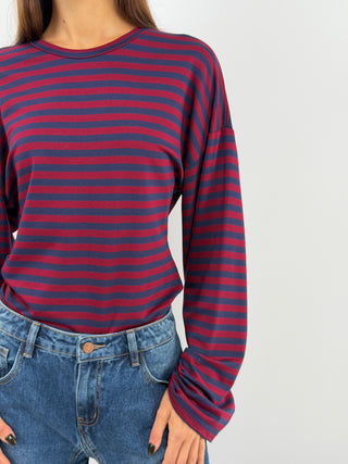 Blue Striped Top with Ruching