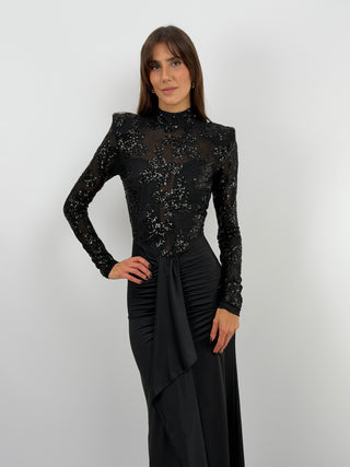Abito Paillettes con Drappeggio Nero