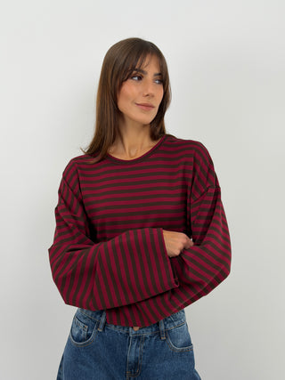 Burgundy Striped Top with Ruching