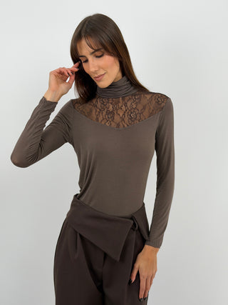 Pull Ultralight Cachemire avec Dentelle Marron