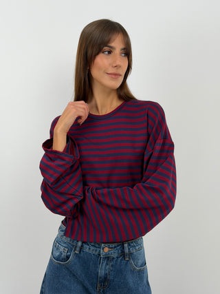 Blue Striped Top with Ruching