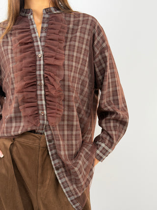 Camicia a Quadri Marrone con Tulle