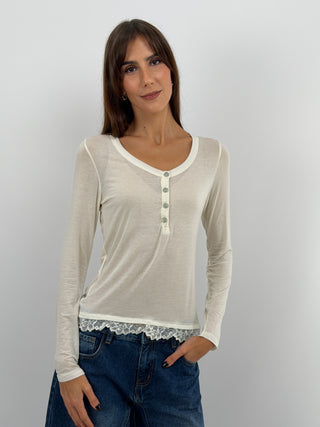Pull Ultra-Léger avec Cachemire, Boutons et Dentelle Crème