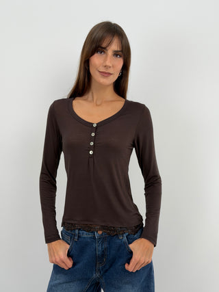 Maglia Ultralight con Cashmere con Bottoni e Pizzo Marrone