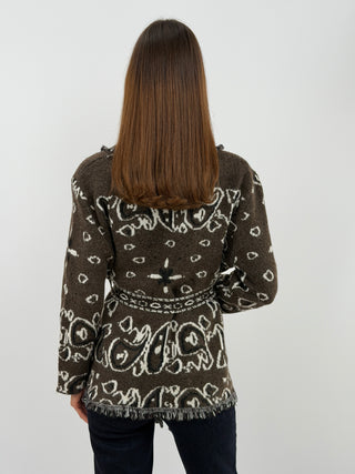 Cardigan con Cintura Marrone in Misto Lana