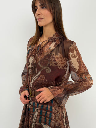 Brown Patterned Long Dress with Flounce