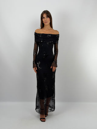 Robe à Épaules Dénudées et Paillettes Noire