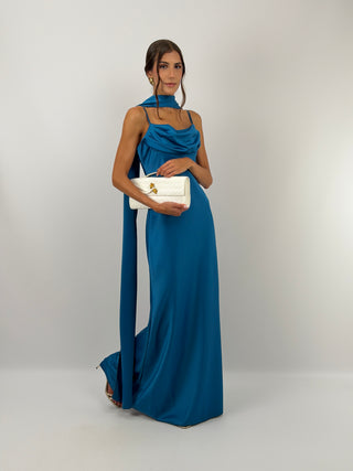 Abito Lungo Satin con Foulard Blu Petrolio