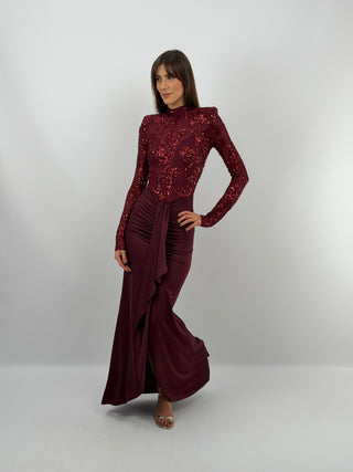 Abito Paillettes con Drappeggio Bordeaux