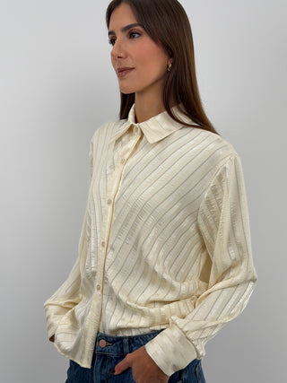 Chemise Rayée Crème à Fronces