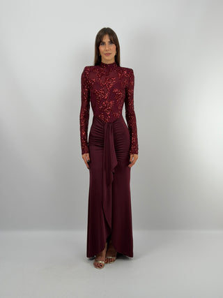 Abito Paillettes con Drappeggio Bordeaux