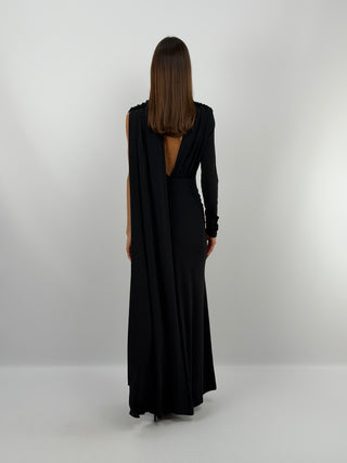 Long Black Dress with Cut Out and Draping