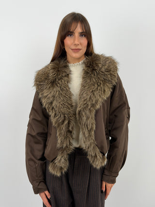 Brown Bomber Jacket with Fur
