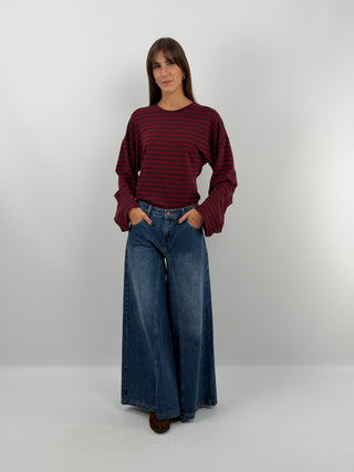 Burgundy Striped Top with Ruching